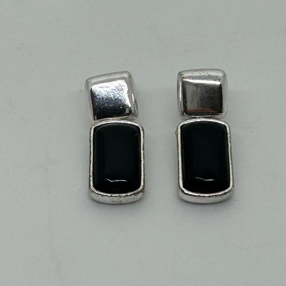 Liz Claiborne Vintage Silver-Tone Drop Earrings With Black Acrylic Rectangle Acc - Picture 11 of 11